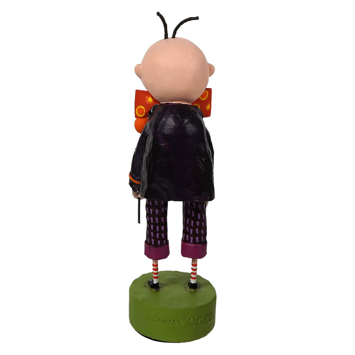 Whimsical lori mitchell halloween igor figurine with bald head antennae glossy black coat and purple pants on green base