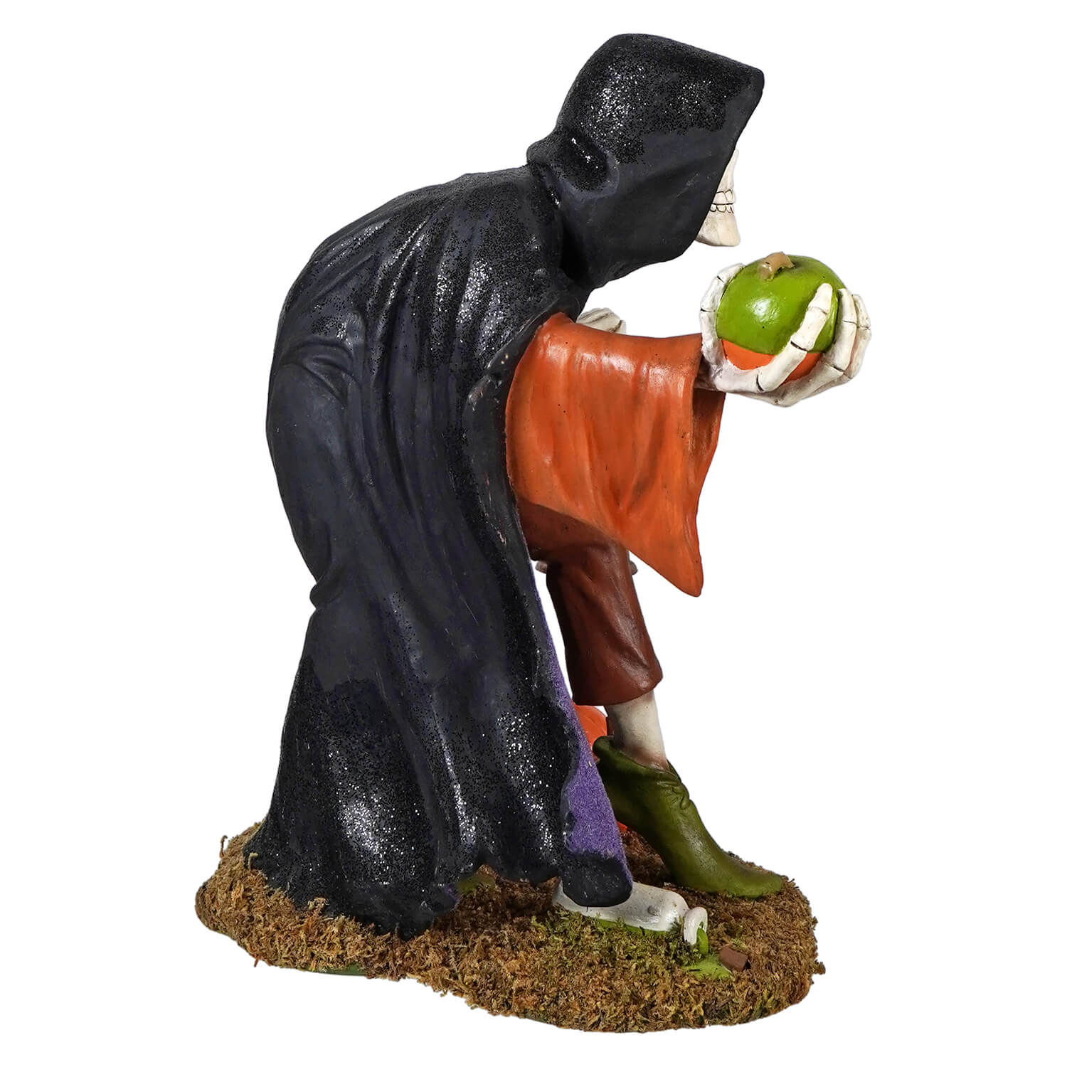 Igor skeleton black glittery hooded figurine holding a green apple perfect for spooky decor