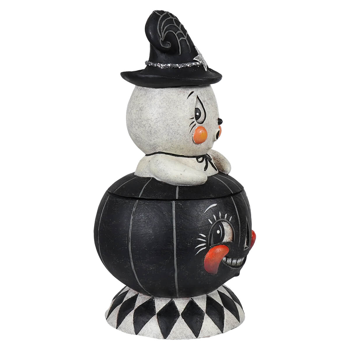 Incognito gus and tito halloween cookie jar with smiling black and white jack o lantern and ghost witch hat design