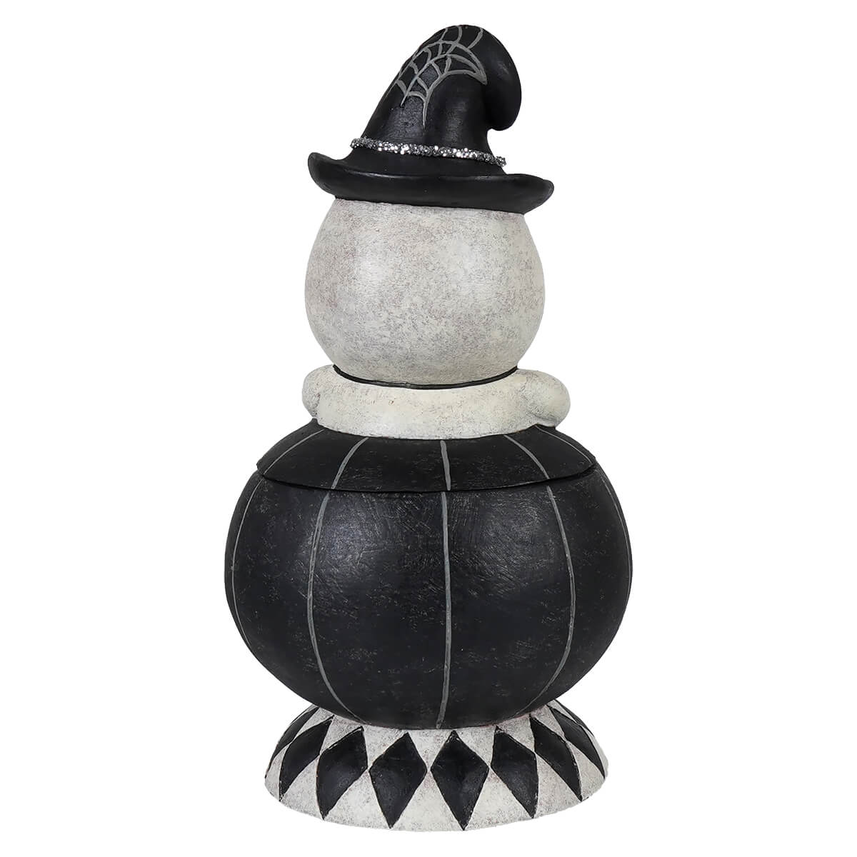 Black and white incognito gus tito witch-themed decorative storage jar with pumpkin textured body and silver glitter hat