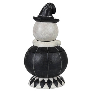 Black and white incognito gus tito witch-themed decorative storage jar with pumpkin textured body and silver glitter hat