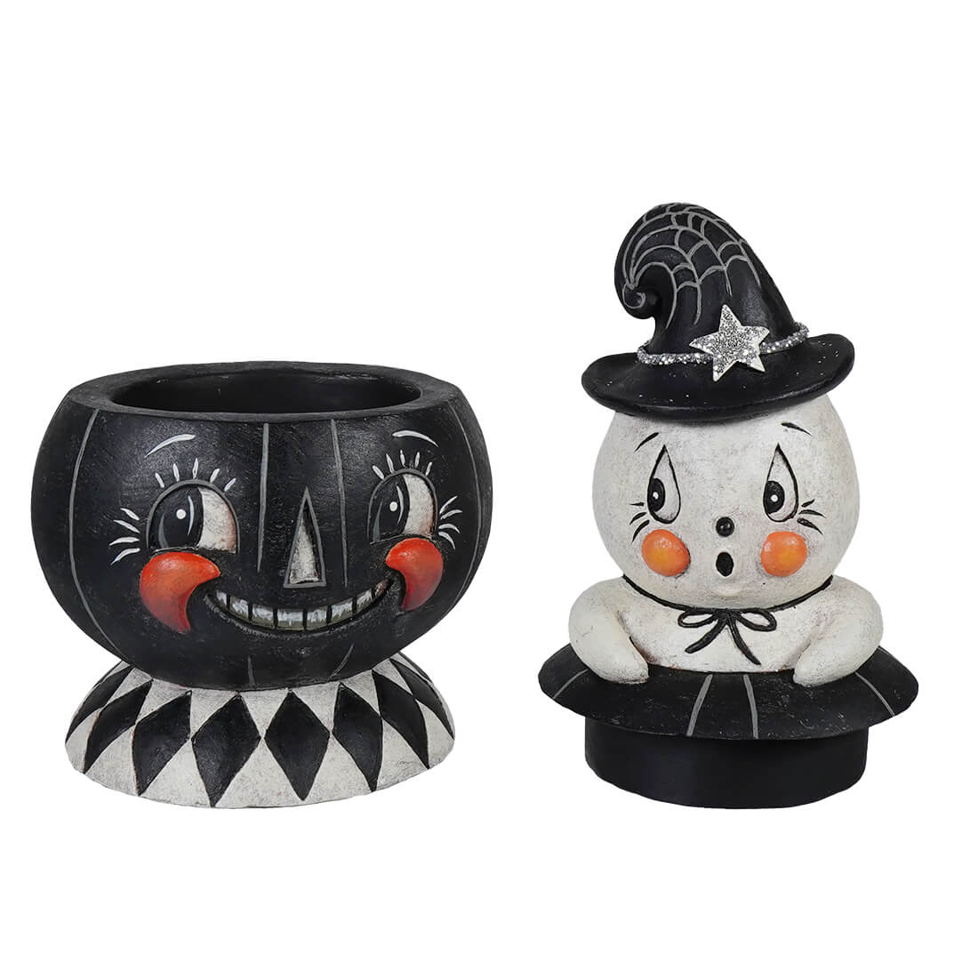 Black and white halloween ceramic incognito gus and tito container with smiling jack o lantern and ghost in witch hat
