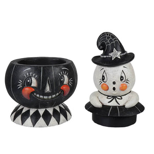 Black and white halloween ceramic incognito gus and tito container with smiling jack o lantern and ghost in witch hat