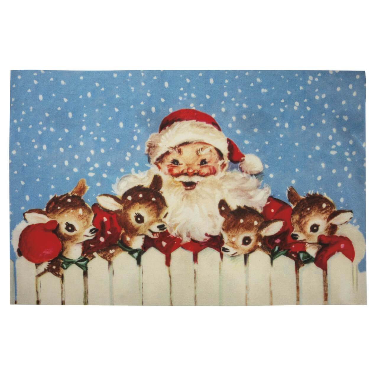 Doormat featuring a vintage-style Christmas scene with Santa Claus and reindeer.