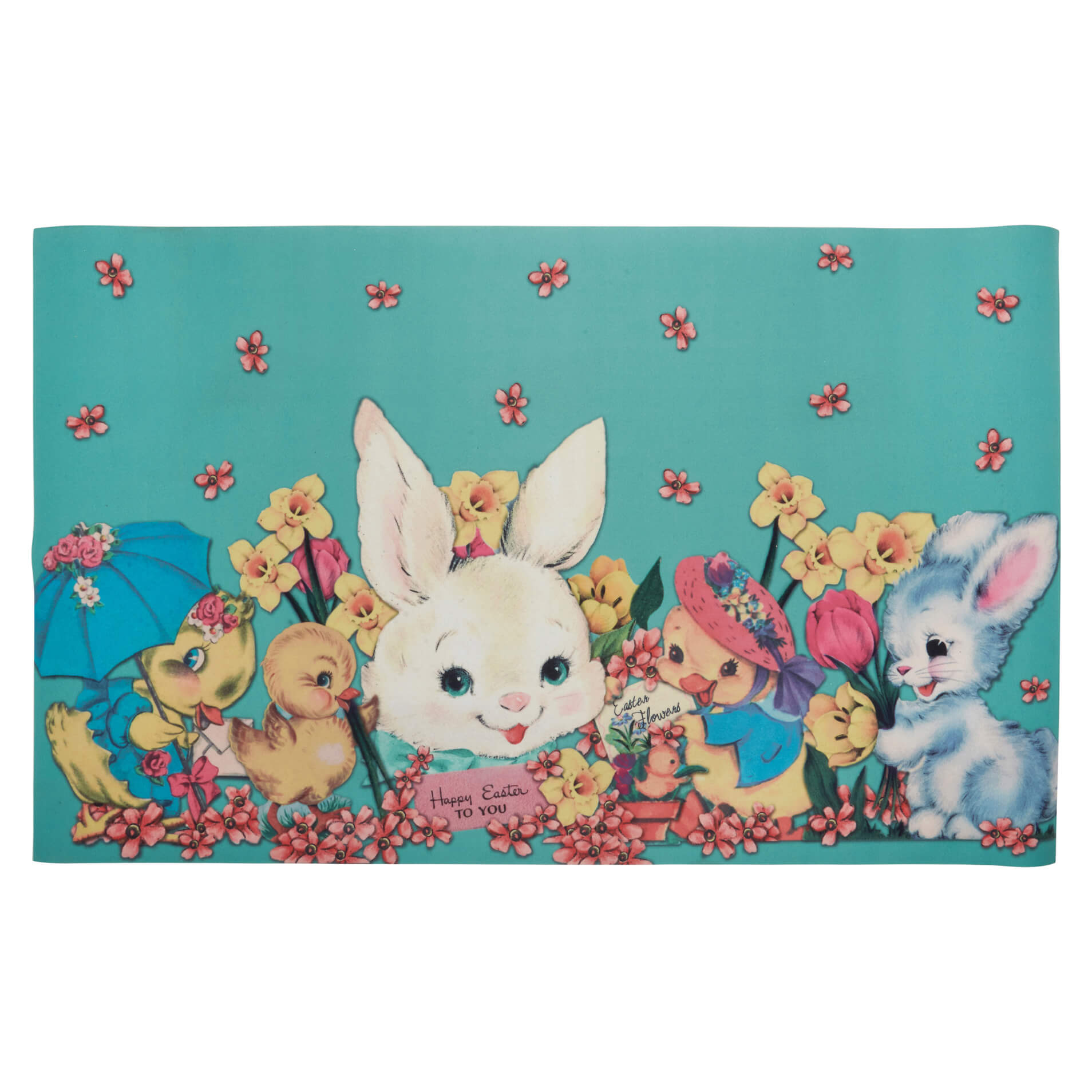 Vintage Easter-themed illustration featuring bunnies, chicks, and flowers in a whimsical design.
