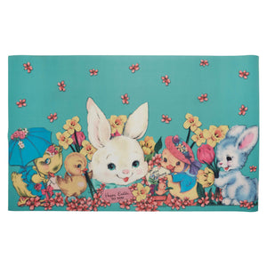 Vintage Easter-themed illustration featuring bunnies, chicks, and flowers in a whimsical design.