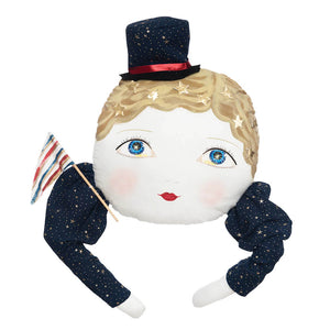 Whimsical indy zombinaland decorative pillow by tracy scheff featuring patriotic doll design perfect for festive decor