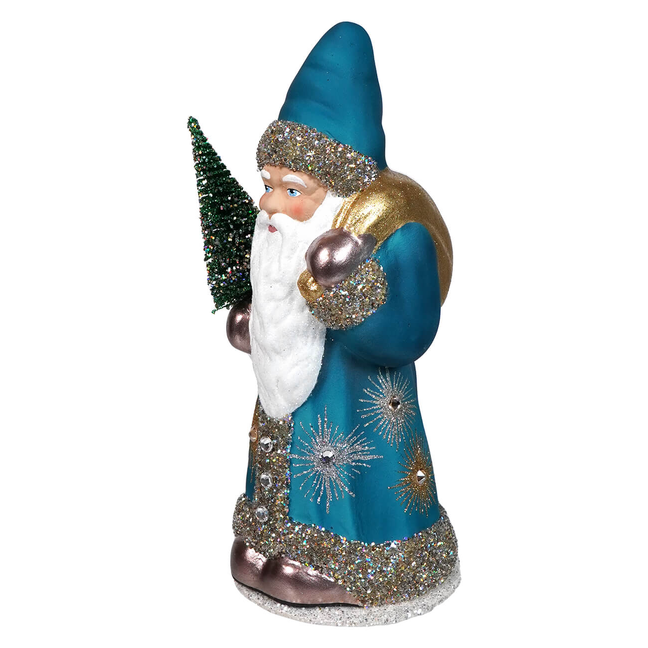 Decorative Santa Claus figurine in a blue robe holding a small Christmas tree.