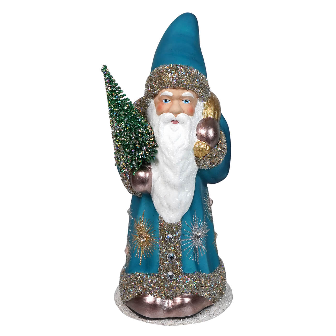 Decorative blue-robed Santa Claus figurine holding a miniature Christmas tree.