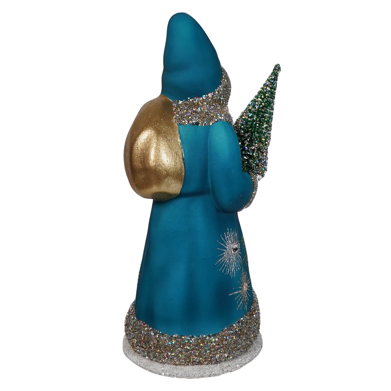 Teal-colored decorative figurine of a stylized Santa Claus with glittery accents and a golden sack.