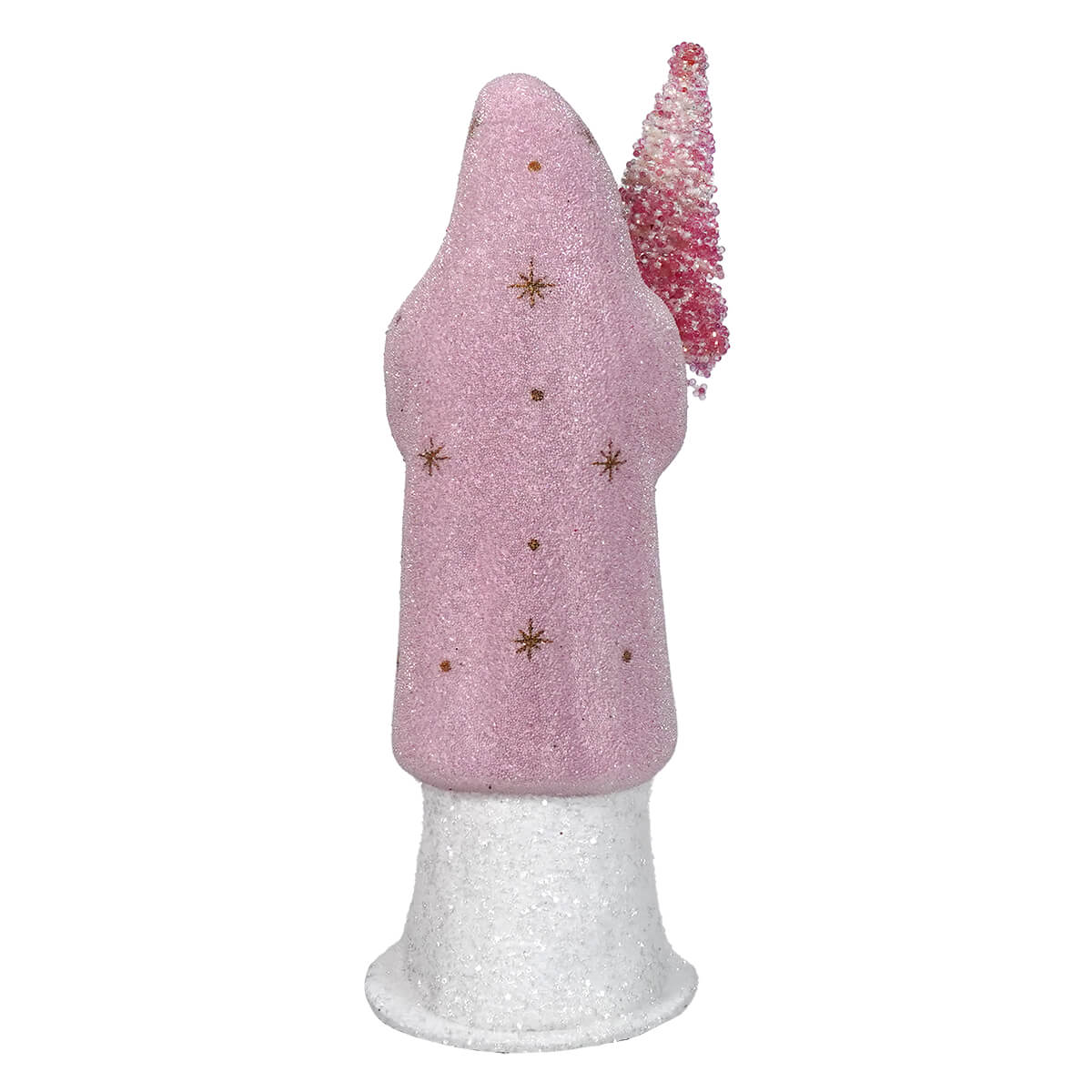 Pink glittery mushroom-shaped ornament with a white base and small sparkly stars.