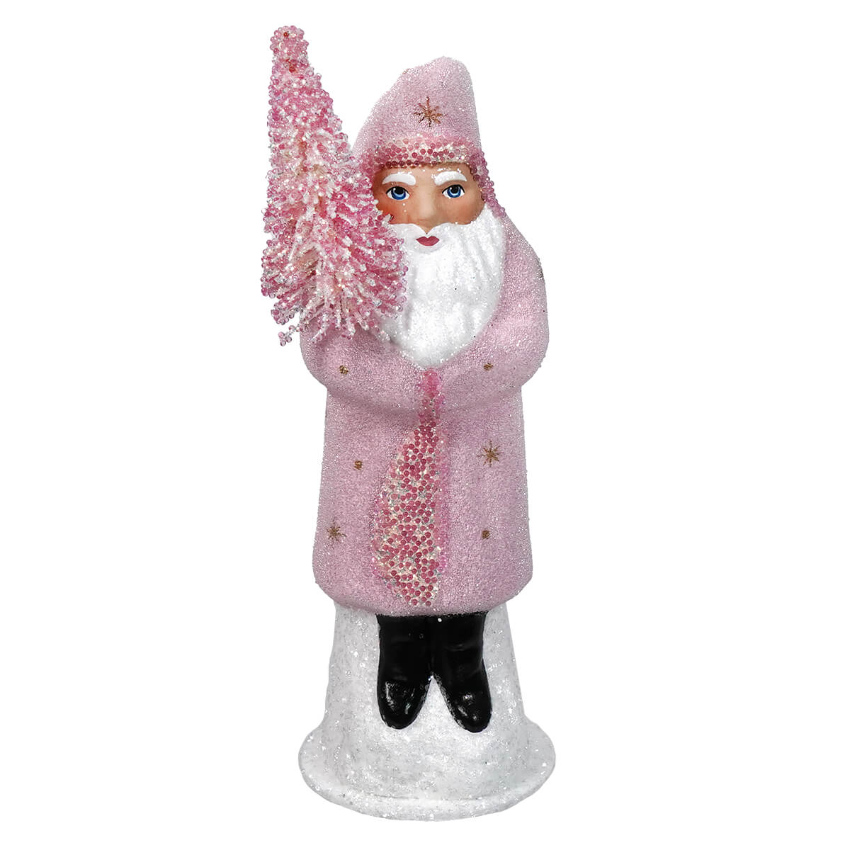 Pink-robed Santa Claus figurine holding a glittery pink Christmas tree.