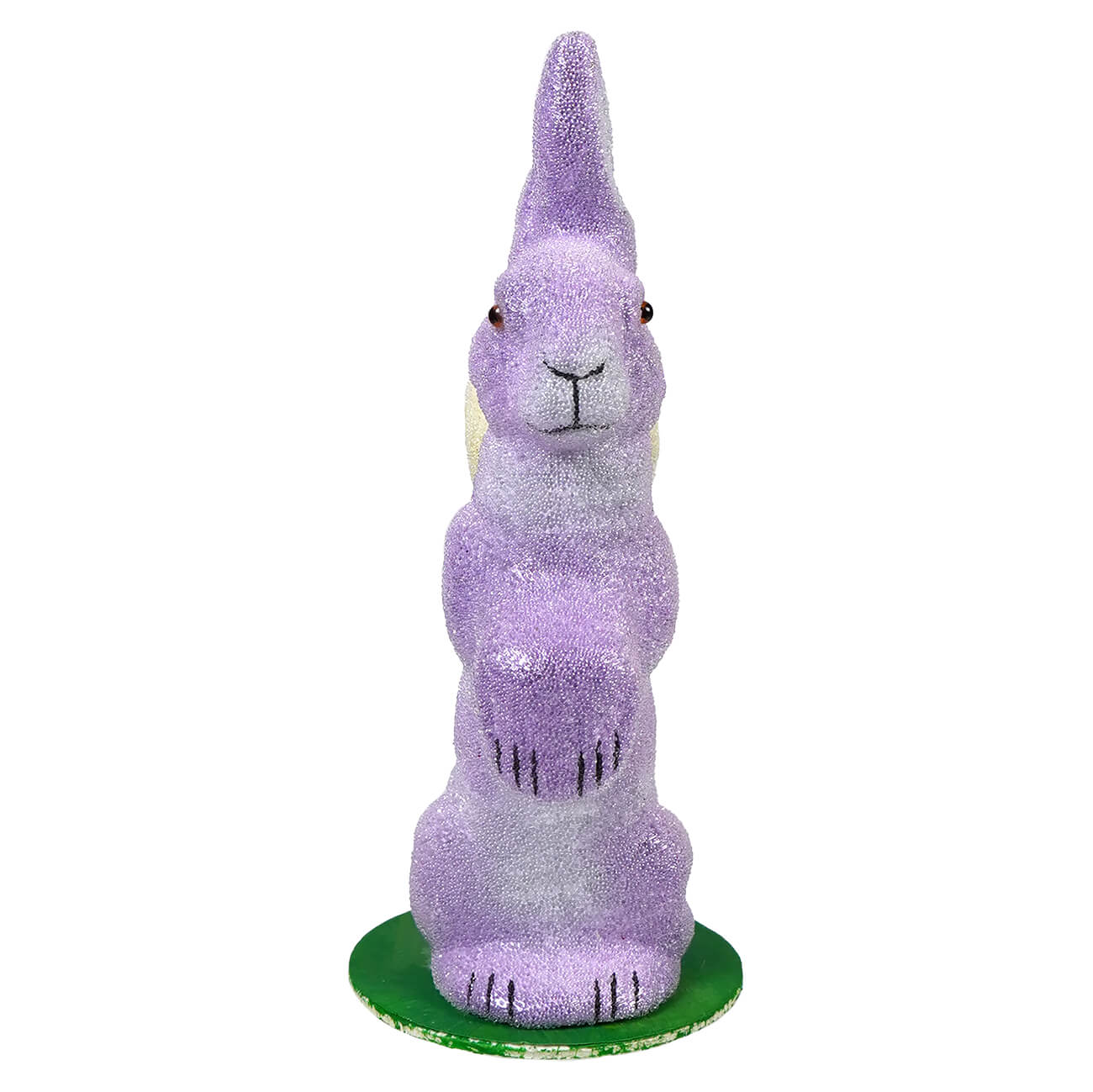 Ino schaller beaded standing purple Easter bunny figurine with glitter and black embroidered eyes on green base