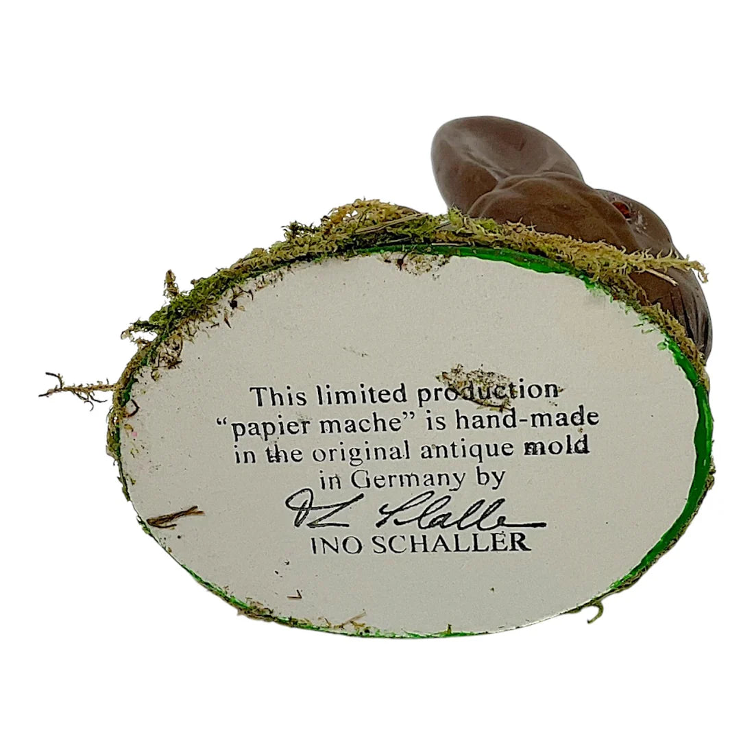 Ino schaller brown sitting easter bunny paper mache figurine with mossy green accents handmade in germany