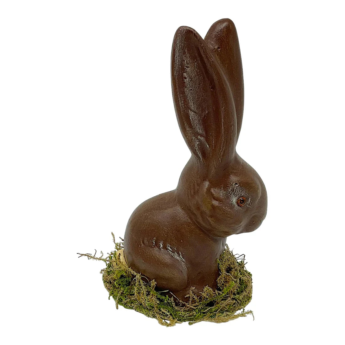 Ino schaller brown paper mache sitting easter bunny in glossy dark chocolate color on green moss base