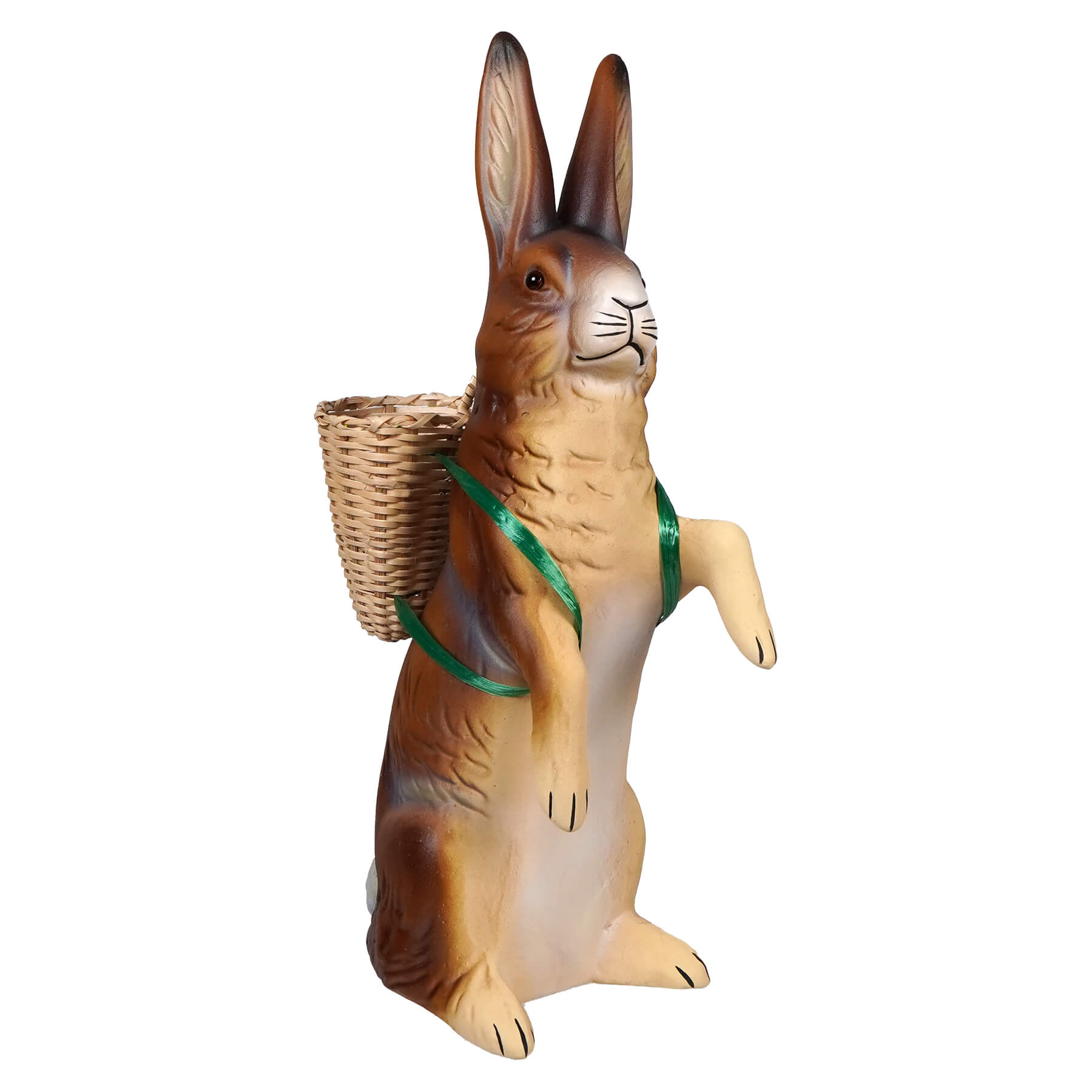 Ino schaller brown standing easter bunny resin figurine with beige tones carrying a wicker basket on its back