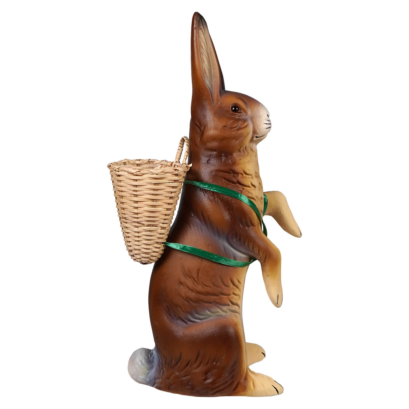 Ino schaller brown standing easter bunny ceramic figurine with green ribbon wicker basket on its back