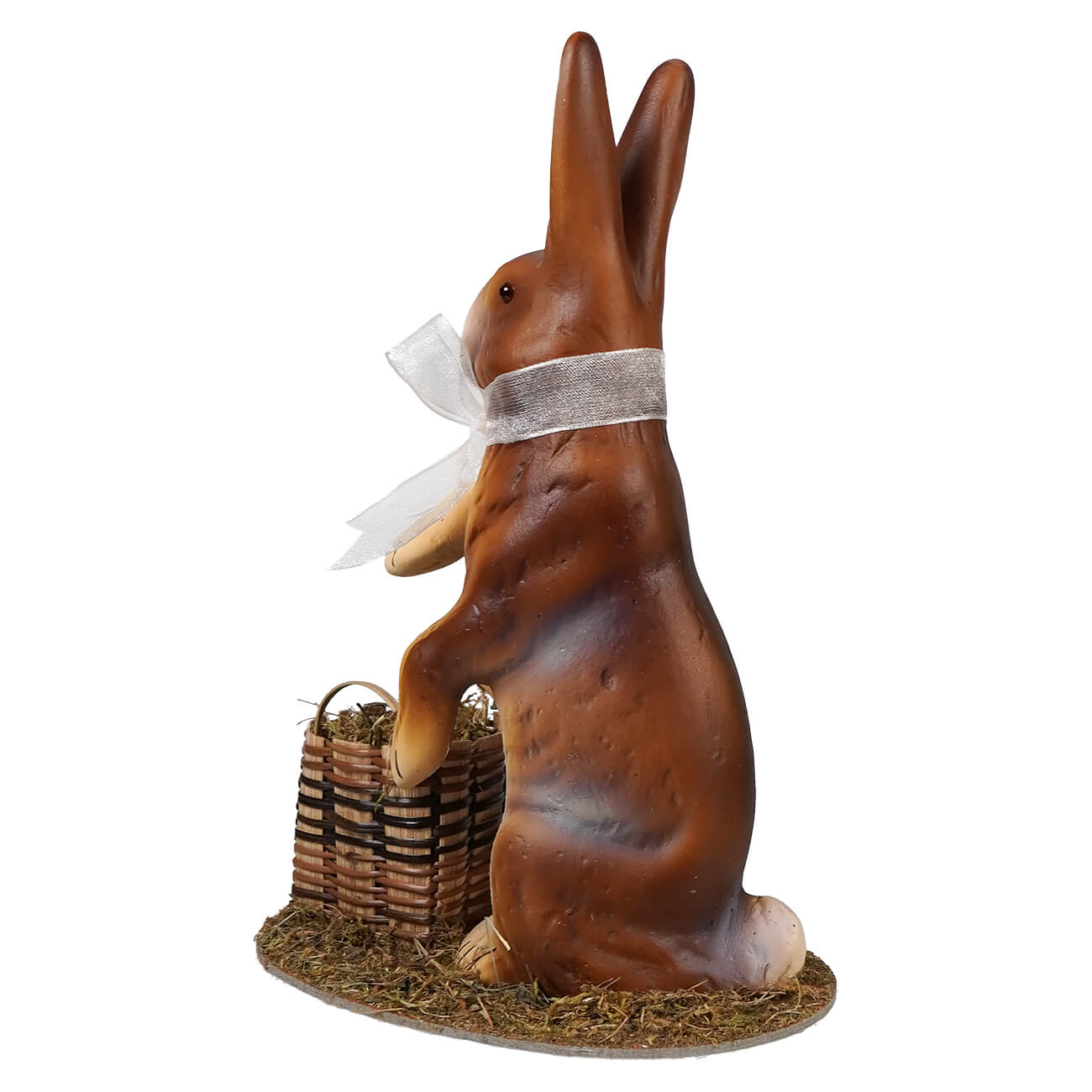 Ino schaller brown resin standing easter bunny figurine with silver bow beside woven wicker basket