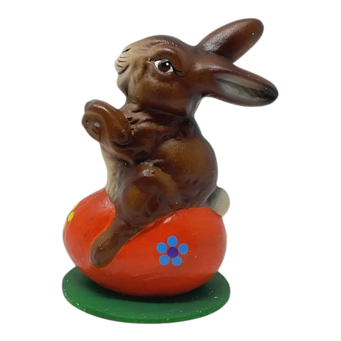 Ino schaller easter bunny brown ceramic figurine on orange egg with blue flowers on green base german paper mache
