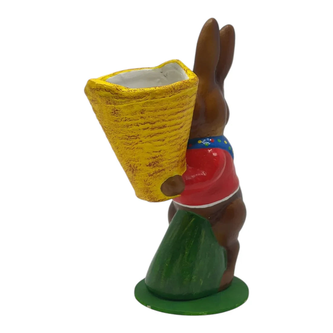 Brown ceramic ino schaller easter bunny wearing red shirt and blue belt holding yellow basket german paper mache