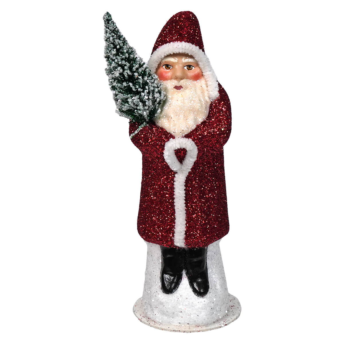 Glittery Santa Claus figurine holding a small Christmas tree.