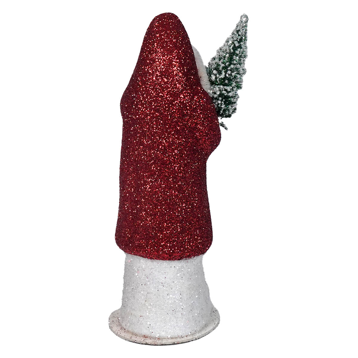 Glittery red Santa Claus figurine with a miniature Christmas tree.