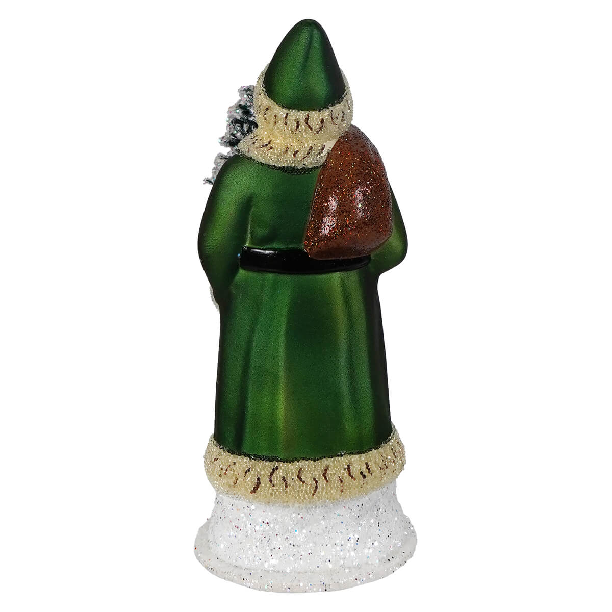 Green glass ino schaller santa holding frosted tree with glittery brown sack and cream fur trim in green coat