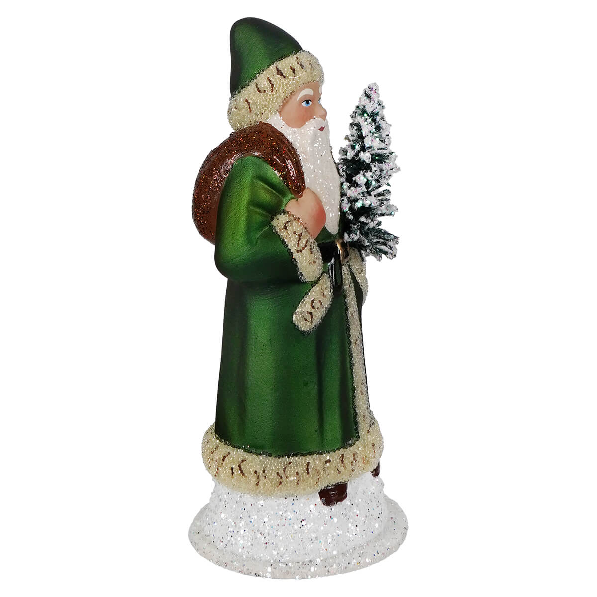 Ino schaller green santa holding frosted tree figurine with glittery hat and coat holding snowy pine tree