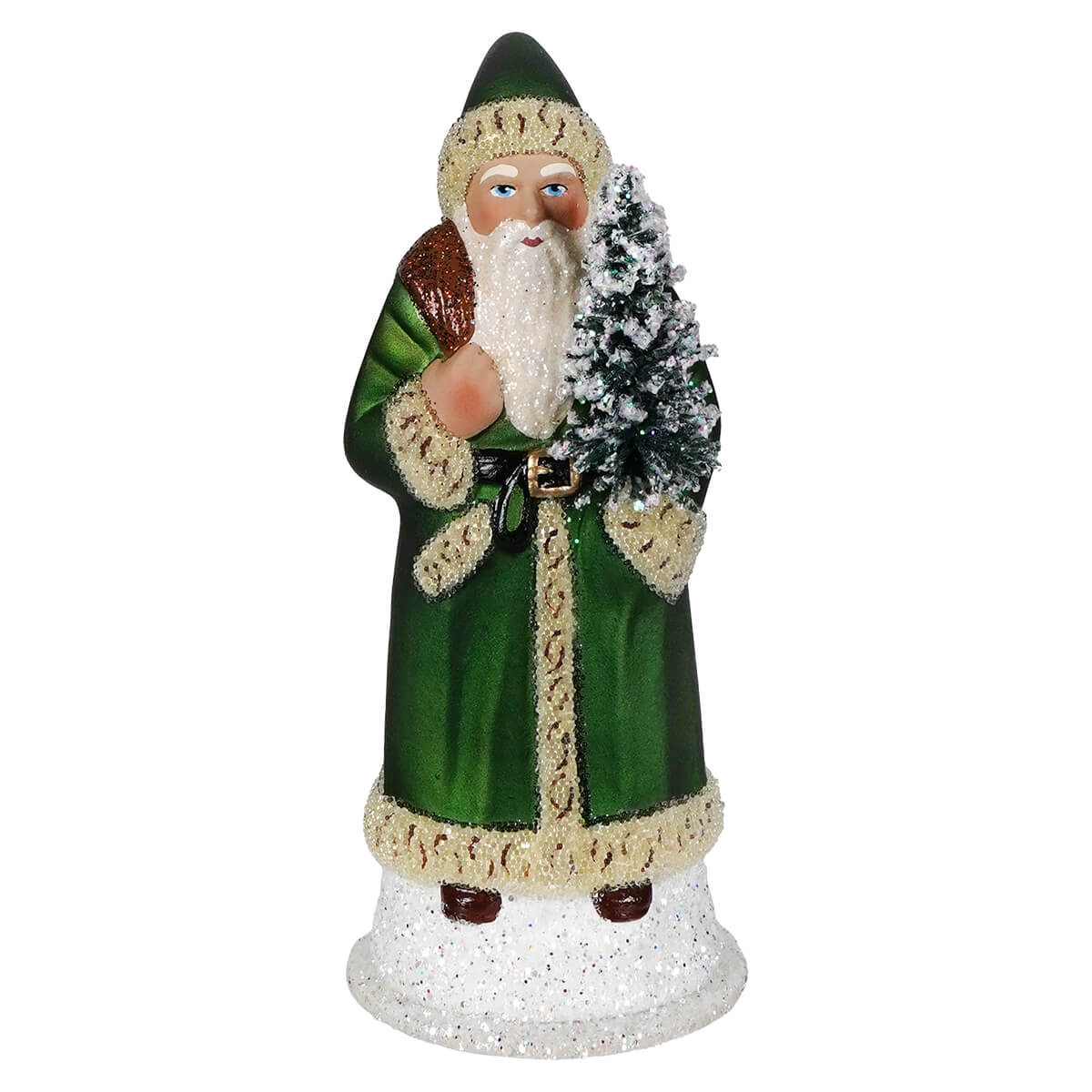 Ino schaller green santa holding frosted pine tree figurine with cream coat and glittery white bearded design