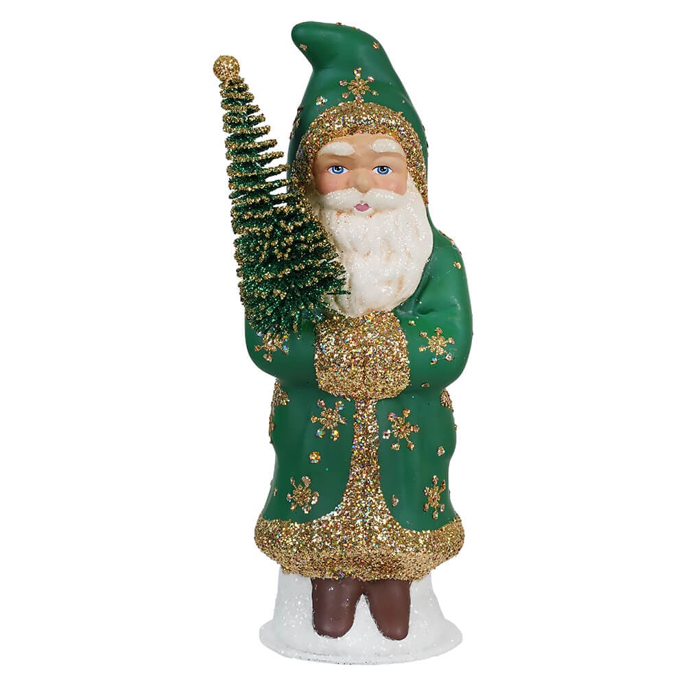 Ino Schaller Green Coat Santa With Gold Stars Holding Tree