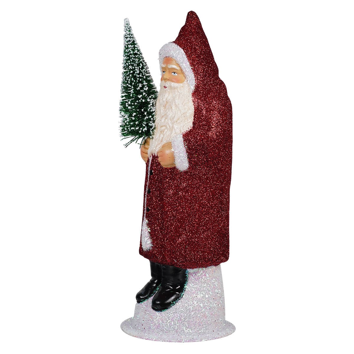 Ino Schaller Large Red Glitter Coat Santa Holding Green Frosted Tree - Christmas