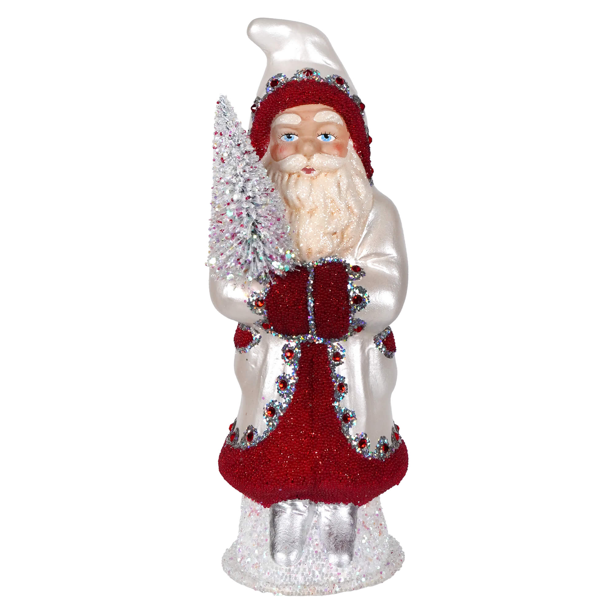 A festive ino schaller pearl white and red beaded santa figurine with rhinestones holding a snow-dusted tree