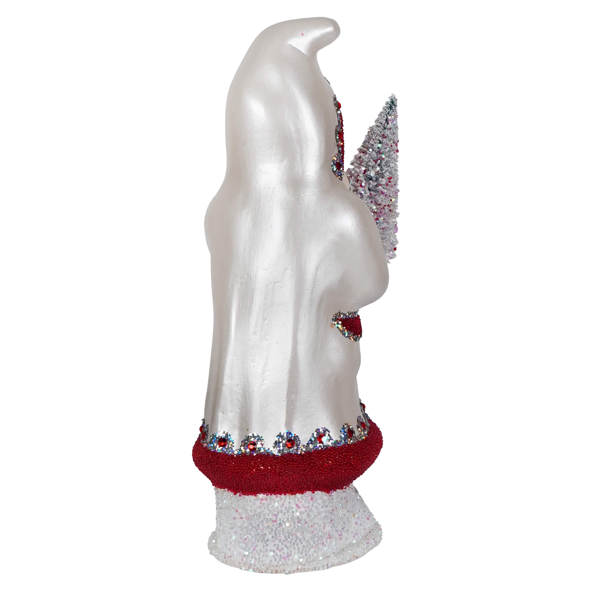 Ino schaller pearl white glass santa figurine with red glitter trim holding a snow-covered tree