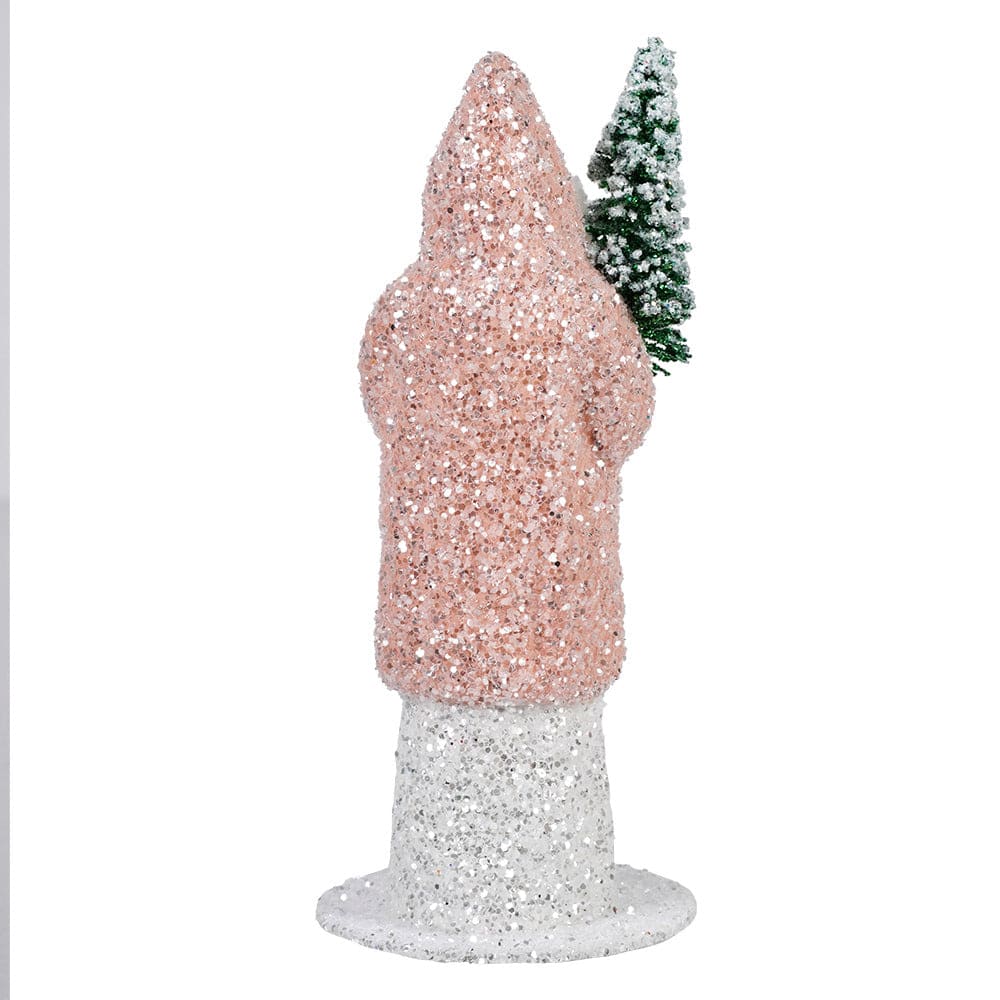 Ino Schaller Pink Glittered Coat Santa Holding Frosted Tree - Christmas