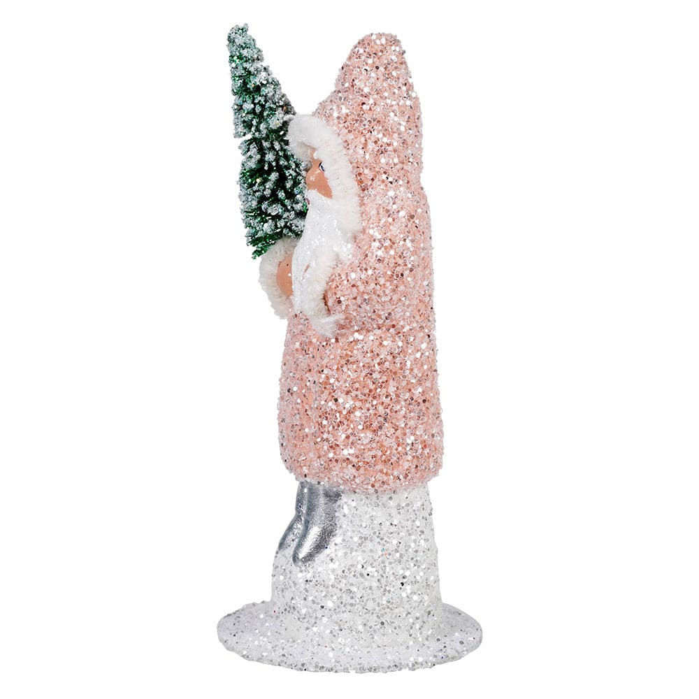 Ino Schaller Pink Glittered Coat Santa Holding Frosted Tree - Christmas