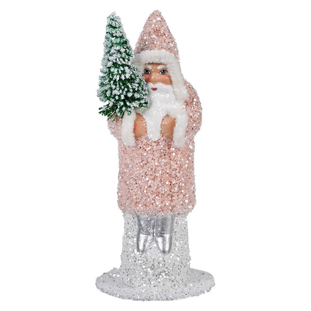 Ino Schaller Pink Glittered Coat Santa Holding Frosted Tree - Christmas