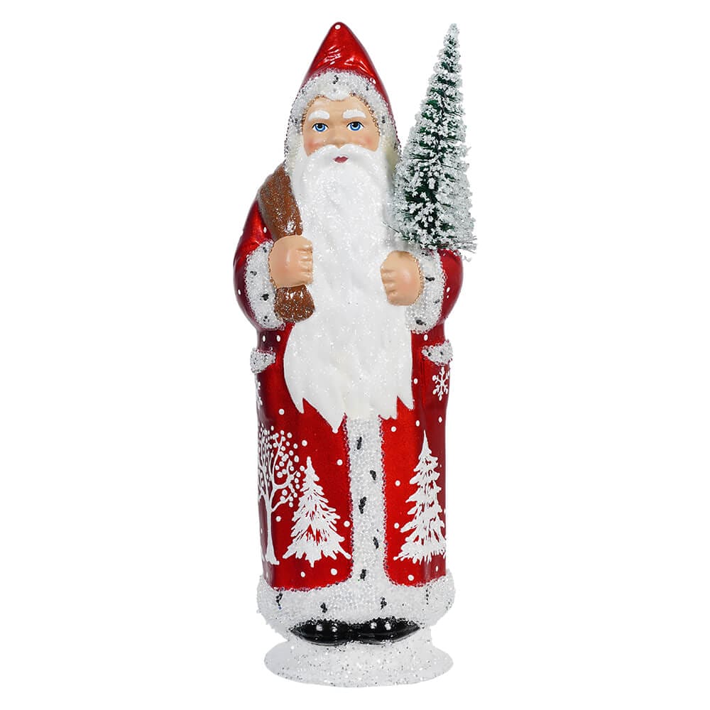 Ino Schaller Red Coat Santa With Ermine Edge Detail Holding Tree