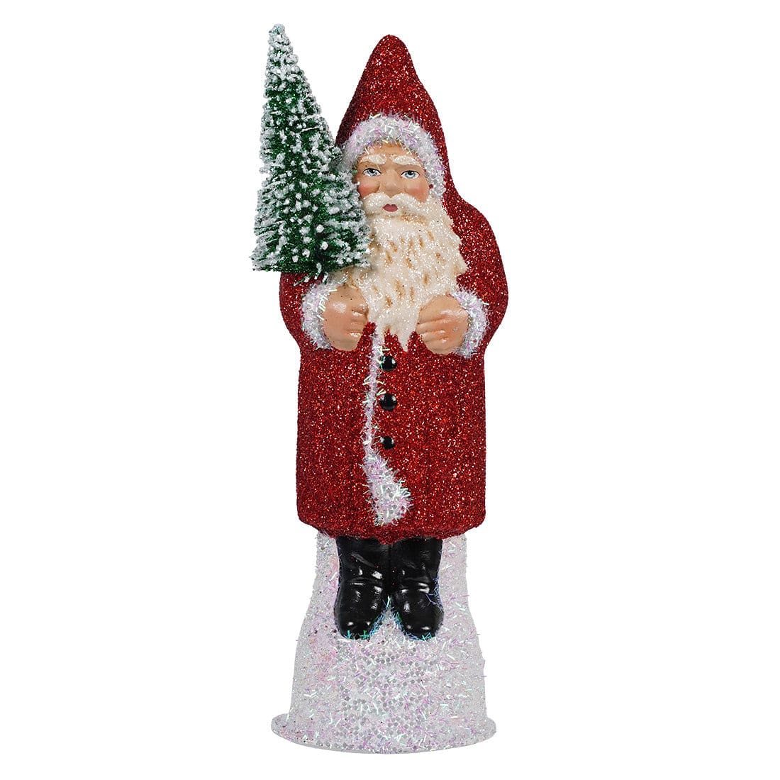 Ino Schaller Red Glitter Coat Santa Holding Green Frosted Tree - Christmas