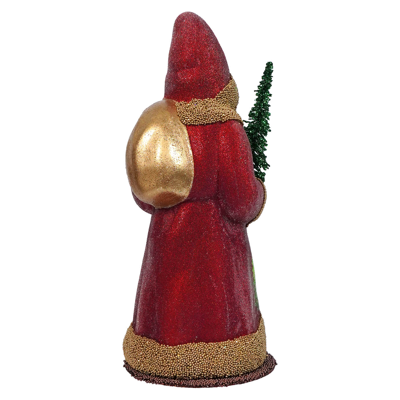 Vintage-style red and gold Santa Claus figurine holding a small green tree.