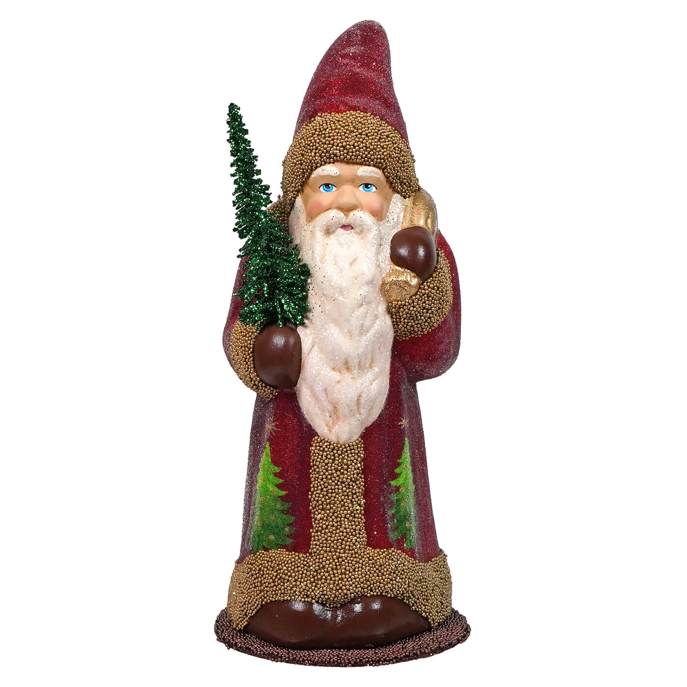 Decorative Santa Claus figurine holding a small Christmas tree and bell.