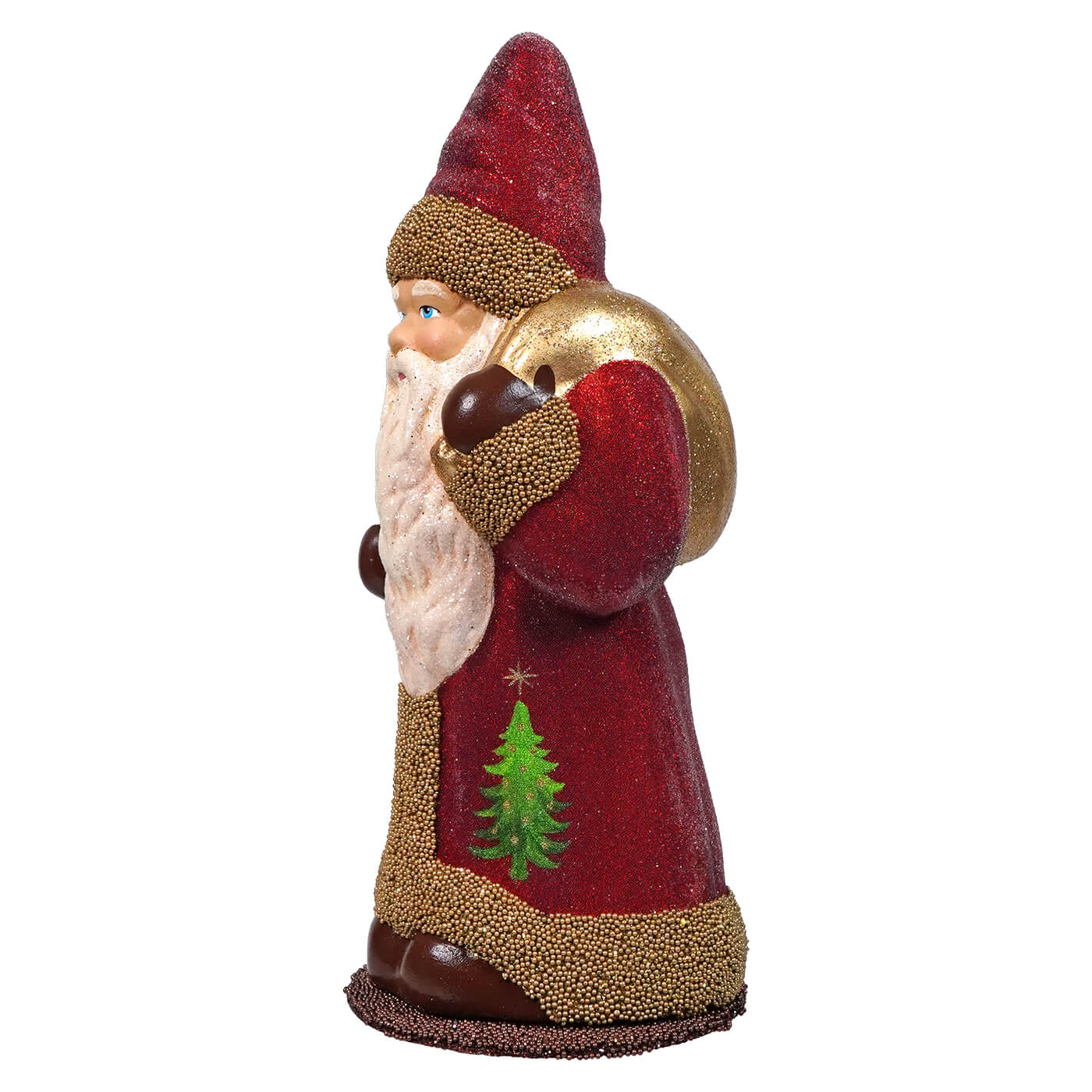 Decorative Santa Claus figurine with a red coat and golden trim.