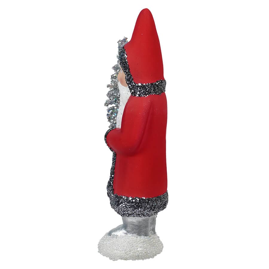 Ino Schaller Red Santa With Grey Glitter Trim Holding Tree