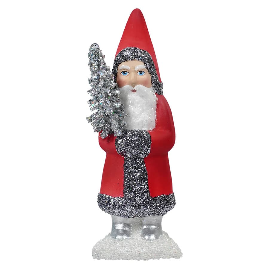 Ino Schaller Red Santa With Grey Glitter Trim Holding Tree