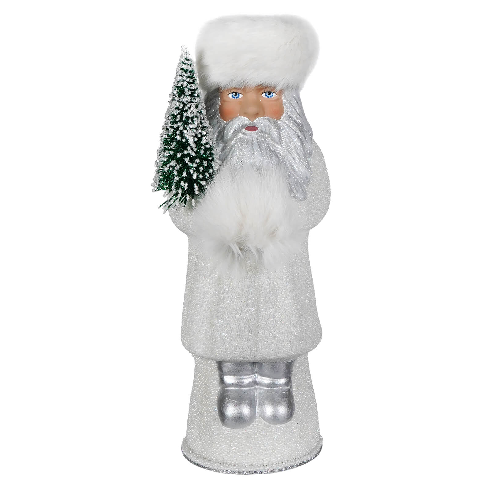 A glittery silver beaded russian santa with fluffy white schaller white coat holding a frosted green christmas tree