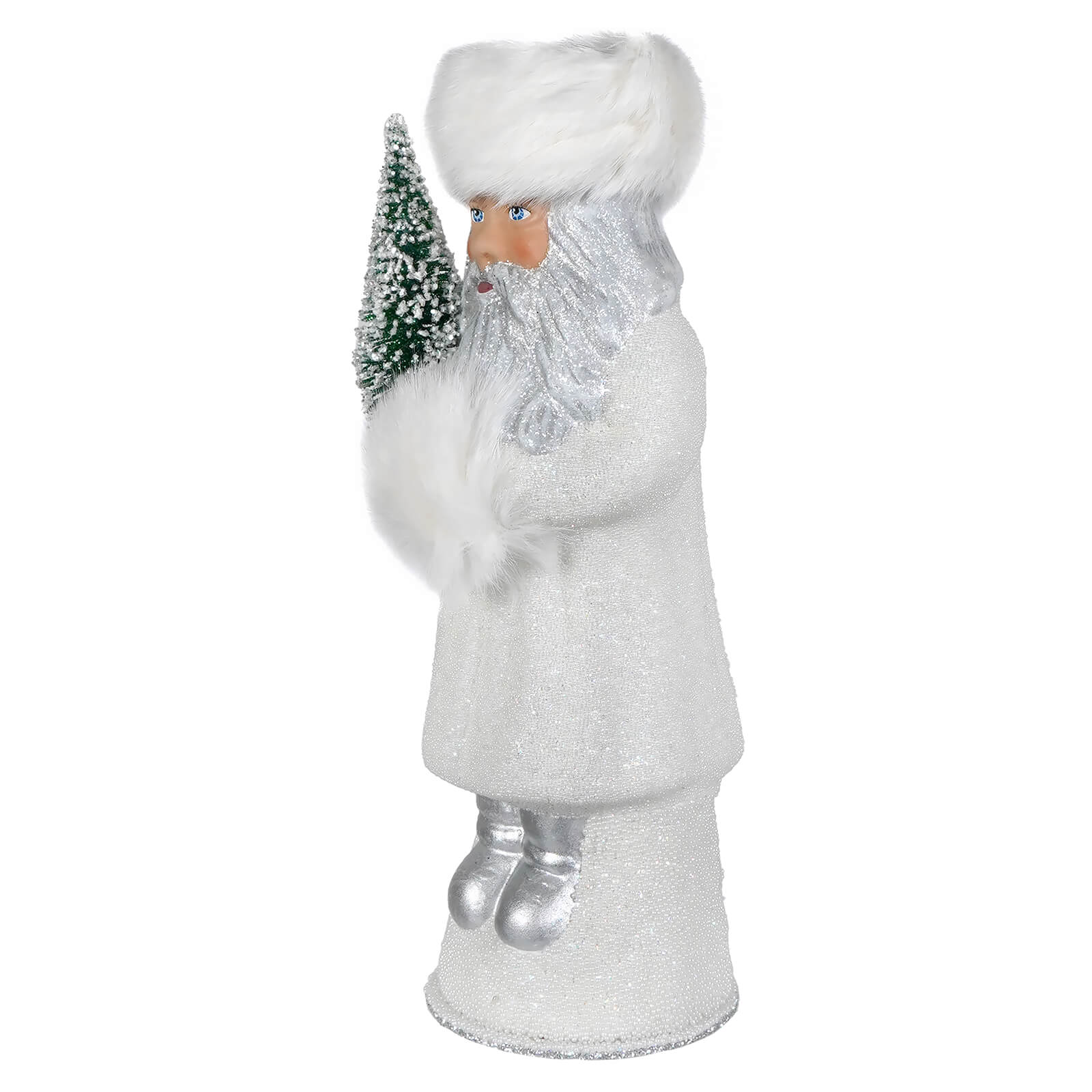 Ino schaller white beaded russian santa figurine with glittery white coat holding frosted green christmas tree