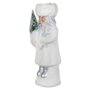 Ino schaller white beaded russian santa figurine with glittery white coat holding frosted green christmas tree