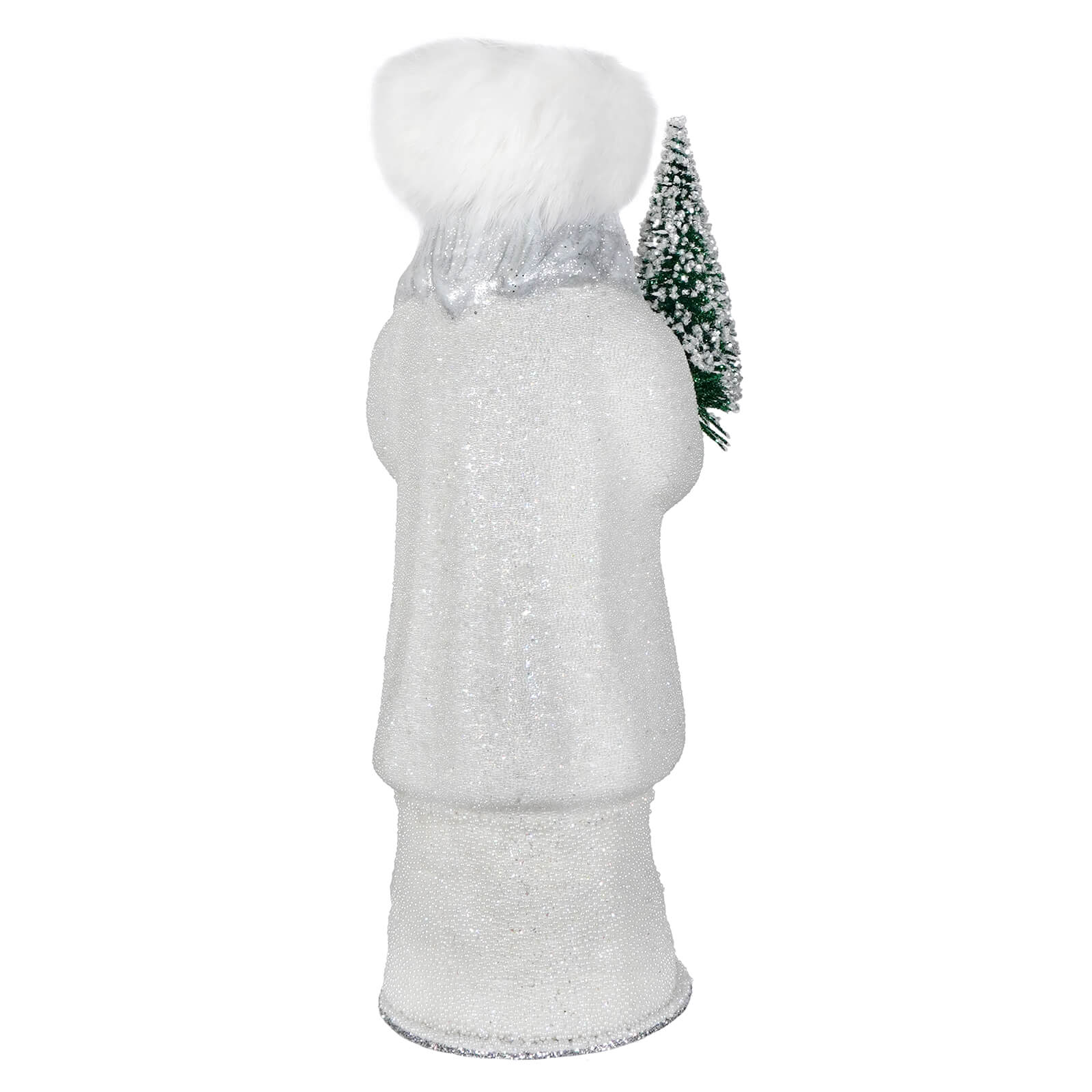 A glittery ino schaller white beaded russian santa figurine wearing a white coat and holding a frosted green tree