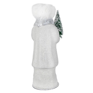 A glittery ino schaller white beaded russian santa figurine wearing a white coat and holding a frosted green tree