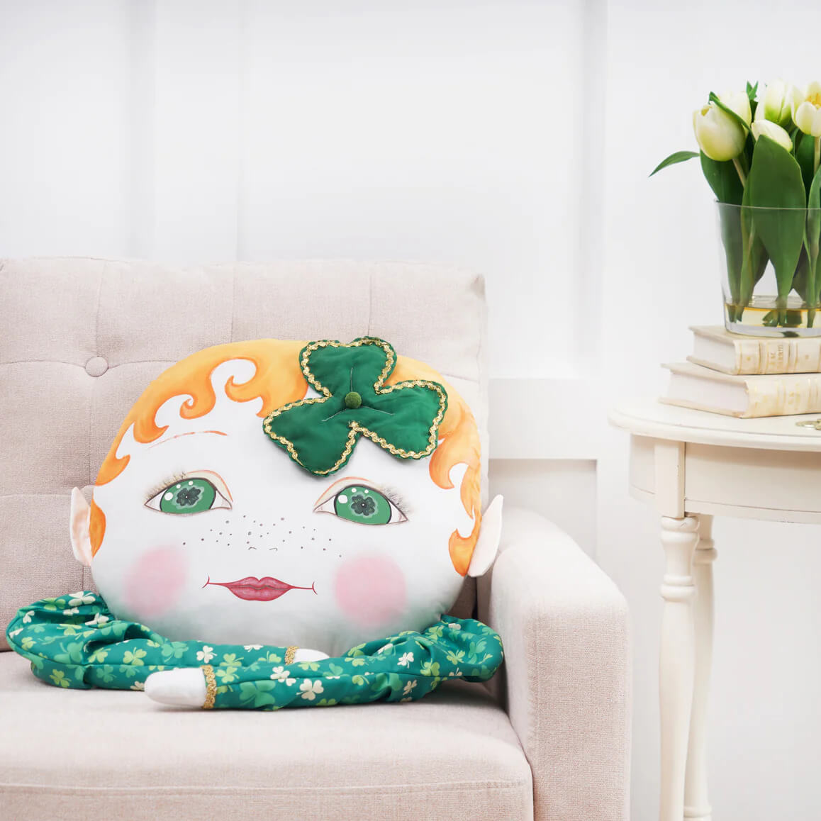 A plush ireland zombinaland decorative pillow with orange hair green eyes shamrock and green floral scarf by tracy scheff