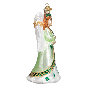Delicate irish angel ornament with translucent wings, green satin gown, gold trim, shamrocks, figural decor material